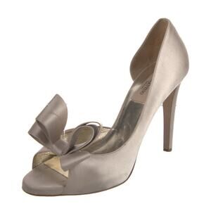 AUTH Valentino Couture Satin Bow Silver Beige D'orsay Slip On Peep Toe Pump 38.5